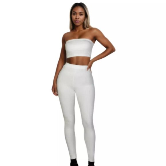 Women's Ribbed Tube Top and Leggings Set, Bodycon Fit, Soft Stretch White - Picture 1 of 4